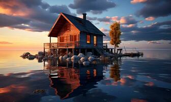 wooden house on the water, ai generative photo