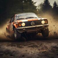 rally car in action on forest dirt road, ai generative photo