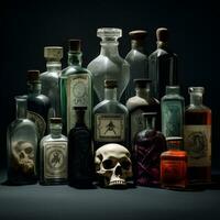 various poison bottles and skulls, generative ai photo