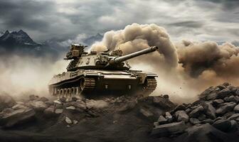 batalla tanque con polvo y explosión, ai generativo foto