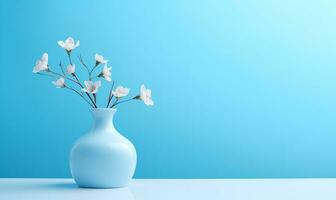 flower vase that blends with a pastel blue background minimalist copy space, ai generative photo
