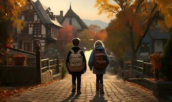 colegio niños caminando en un pueblo la carretera con otoño hojas, ai generativo foto