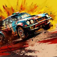 rally car with dust and ink paint art, ai generative photo