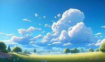 beautiful cartoon grass field and sky art, ai generative photo