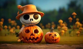 cute skull and pumpkin halloween background copy space, ai generative photo