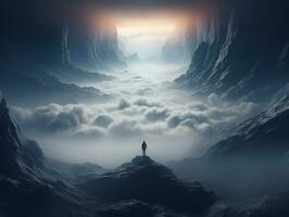 person on top of a peak high up to the sky looking towards the horizon, ai generative photo