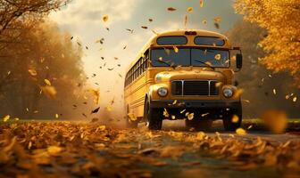 yellow school bus car on the road with autumn orange leaves, ai generative photo