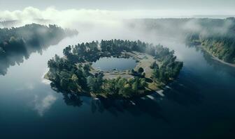 lake in the middle of an island in the middle of the sea, ai generative photo