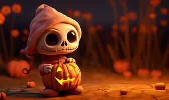 cute skull and pumpkin halloween background copy space, ai generative photo