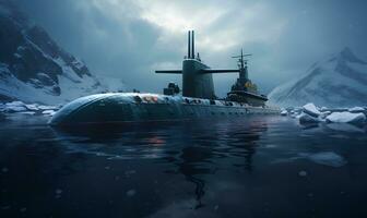 submarine appears in the sea ice, ai generative photo