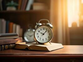 books and alarm clock on the table, ai generative photo
