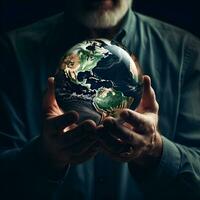 man holding earth globe, ai generative photo