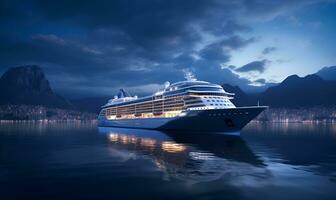 giant luxury cruise ship in the night sea, ai generative photo