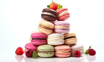 stack of colorful macarons copy space white background, ai generative photo