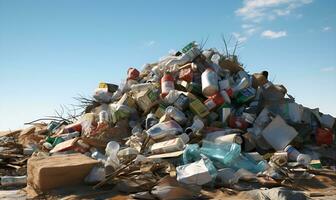 pila de el plastico residuos en el playa, generativo ai foto