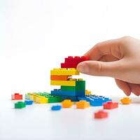 hand arranging rainbow blocks toy white background, ai generative photo