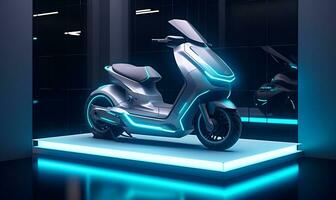 electric motorbikes on showcase, ai generative photo