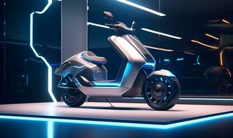 electric motorbikes on showcase, ai generative photo