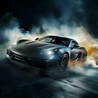 luxury sport sedan on night road with smoke, generative ai photo
