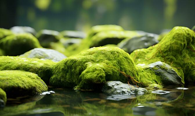 a moss covered rock in a forest with a green mossy surface and rocks on the  ground. Generative AI Stock Illustration