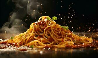 Macro spaghetti that looks delicious, ai generative photo