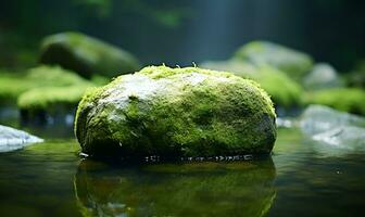 mossy rocks in river macro, ai generative photo