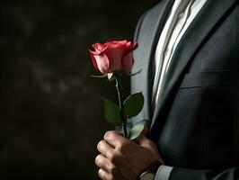 gentlemen in suits holding roses blank space, ai generative photo