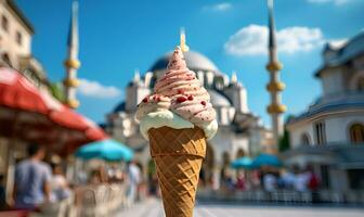 Turkish ice cream macro mosque background, ai generative photo