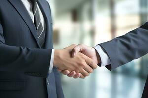 two business people shaking hands in deal office, ai generative photo