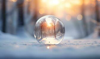 glass ball snowfall with winter forest background, ai generative photo