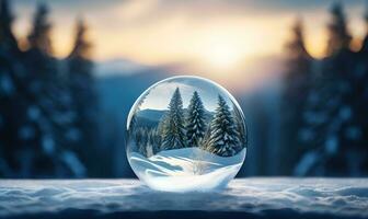 glass ball snowfall with winter forest background, ai generative photo