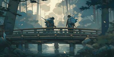 painting of two samurai fighting on a bridge, ai generative photo