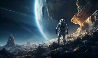 astronaut exploring extraterrestrial planets or moon, ai generative photo