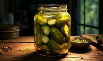 pickled cucumber in a glass jar macro, ai generative photo