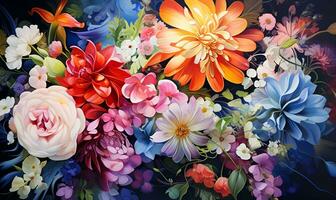 Painting background of various flowers full screen embossed, AI generative photo