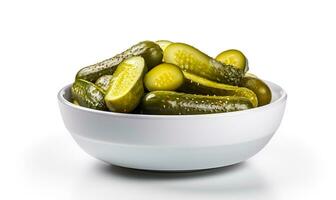 bowl of pickled cucumber white background macro, ai generative photo