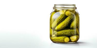 pickled cucumber in a glass jar white background blank space, ai generative photo