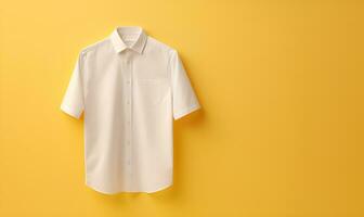 blanco camisa en amarillo pared blanco espacio, ai generativo foto