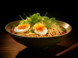 a bowl of macro ramen topped with katsu and boiled egg, ai generative photo