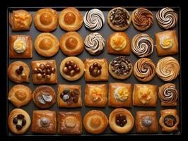 arrangement of various pastries on a tray view from above, ai generative photo