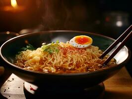 a bowl of macro ramen topped with katsu and boiled egg, ai generative photo