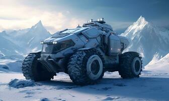 Advanced heavy military vehicles in a snowy ice environment, AI generative photo