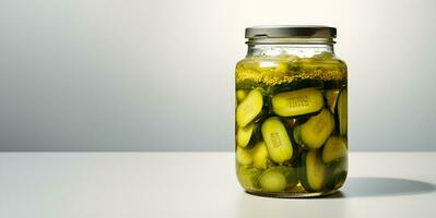 en escabeche Pepino en un vaso tarro blanco antecedentes blanco espacio, ai generativo foto