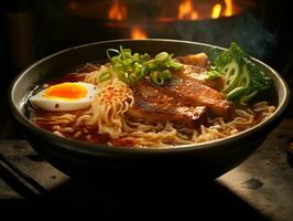 a bowl of macro ramen topped with katsu and boiled egg, ai generative photo