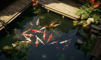 Japanese koi fish pond view from above, ai generative photo