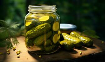 pickled cucumber in a glass jar macro, ai generative photo