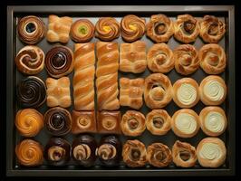 arrangement of various pastries on a tray view from above, ai generative photo