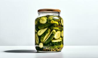 pickled cucumber in a glass jar white background blank space, ai generative photo
