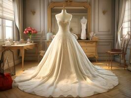 white wedding dress on display, ai generative photo