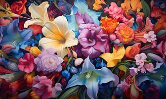 Painting background of various flowers full screen embossed, AI generative photo